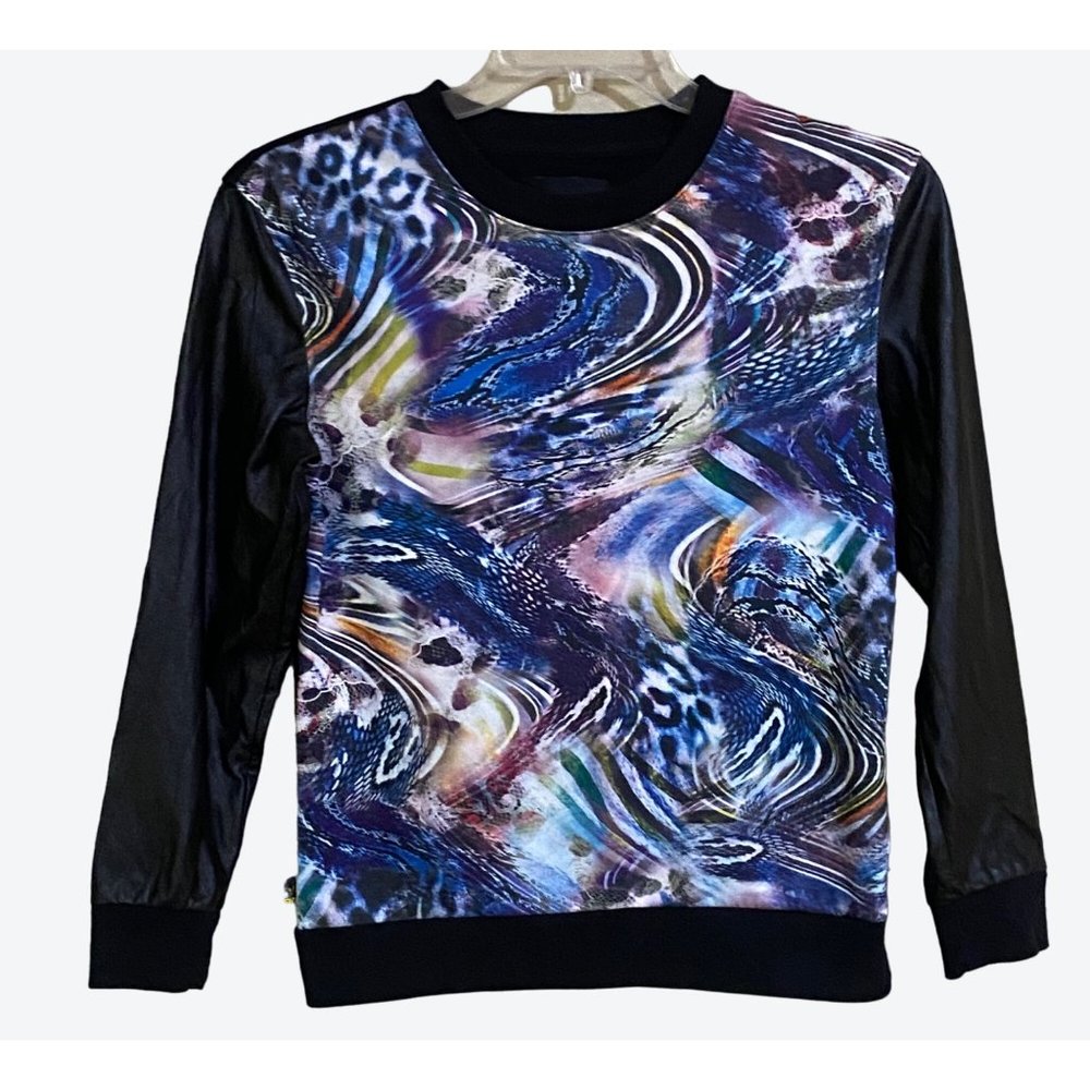 Maximilian Women's XS Long Sleeve Crew Neck Black Purple Yellow Geometric Top